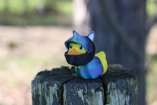 Biker Duck with Cat Ears & Helmet – Handmade Jeep Gift, Cosplay Collectible