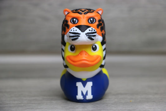 University of Memphis duck front view in tiger costume with navy blue jersey